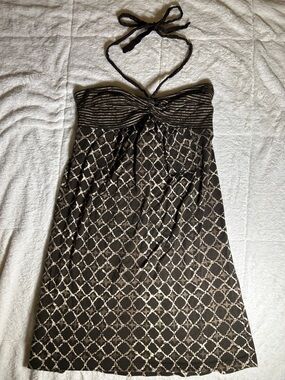 Loft Strapless Halter Brown and Cream Patterned Dress